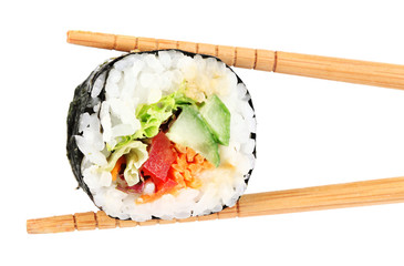 Wall Mural - Sushi roll with chopsticks isolated on white