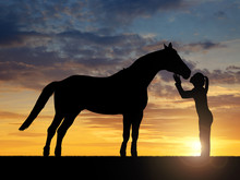 Silhouette Of A Girl Giving A Kiss Horse In Sunset