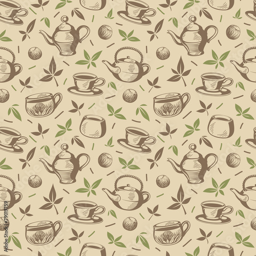 Nowoczesny obraz na płótnie Household Freehand Seamless Pattern on Tea