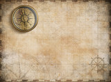 Fototapeta Mapy - vintage golden compass with nautical map background