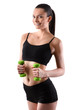 © chettythomas - Portrait of happy fitness woman with green dumbbells