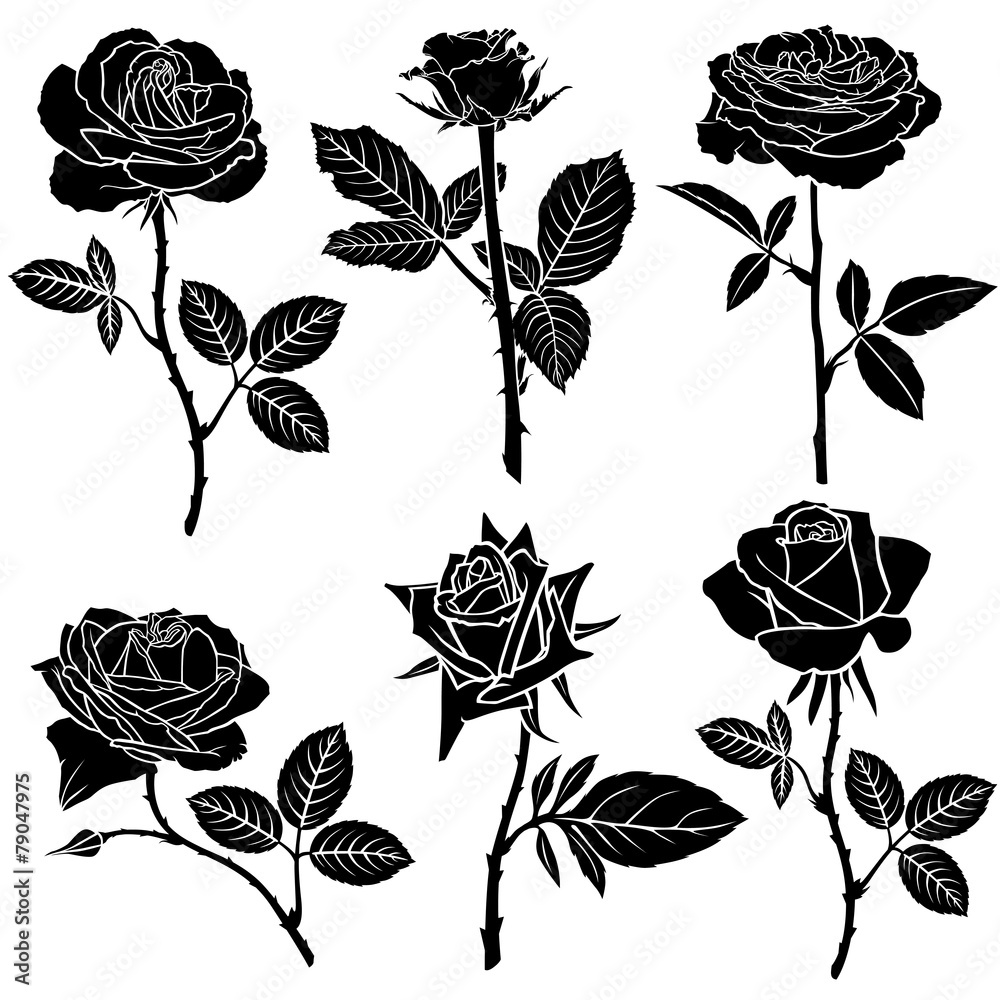 Set of silhouette of roses - obrazy, fototapety, plakaty 