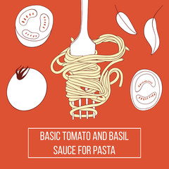 Wall Mural - Tomatoes and spaghetti on the fork. Cartoon vector illustration