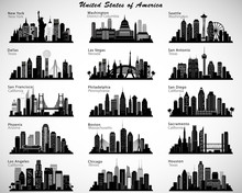 USA Cities Skylines Set. Vector Silhouettes
