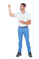 Poster - Male supervisor with clipboard inspecting on white background