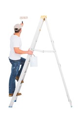 Poster - Handyman climbing ladder while using paint roller