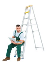 Poster - Carpenter sitting on ladder using laptop