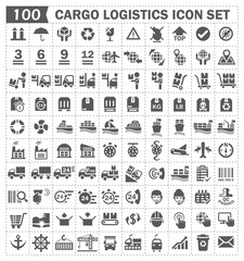 Cargo logistics vector icon. Cardboard box packaging sign. Freight transport, shipping, delivery or distribution by cargo container on ship, truck. Storage in store warehouse. Include worker, forklift