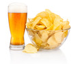 Glass of beer and Potato chips in glass bowl isolated on white b