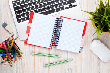 Canvas Print - Office desk table with computer, supplies and flower