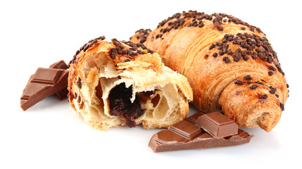 Wall Mural - Fresh and tasty croissants with chocolate, isolated on white