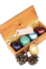 Wall Mural - Happy easter. Colorful easter eggs in wood box on white backgrou