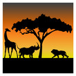 Silhouettes of a giraffe, a rhino and a lion