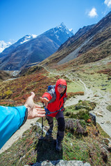 Wall Mural - hiker on the trek in himalayas, manaslu region, nepal