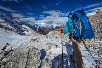 Wall Mural - hiker on the trek in himalayas, manaslu region, nepal