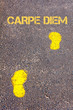 Yellow footsteps on sidewalk towards Carpe Diem message