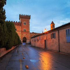 Wall Mural - Bolgheri medieval village entrance and tower on sunset. Maremma,