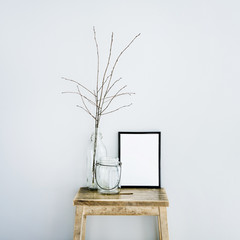 black frame with glass bottles. scandinavian room. mock up