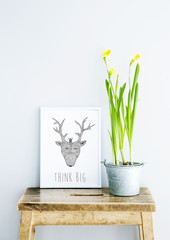 Wall Mural - board THINK BIG with doodle deer and flower. Hipster style