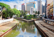 Klang(Kelang) River And Mosque Jamek Among Modern Buildings In K