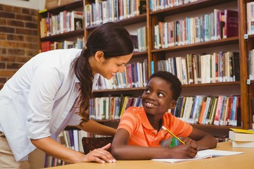 Poster - Teacher assisting boy with homework in library