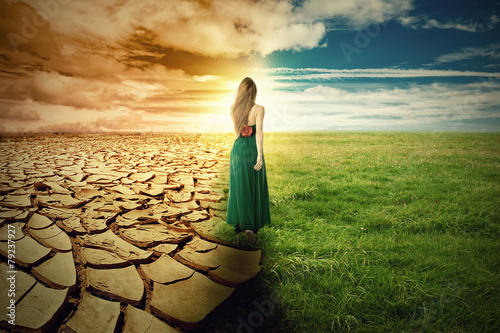 Fotografie, Obraz Klimatické změny Concept. Krajina zelená tráva a sucha půda