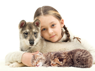 Sticker - child and a puppy and kittens