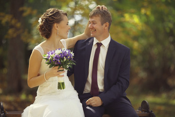 Wall Mural - summer wedding photo of bride and groom