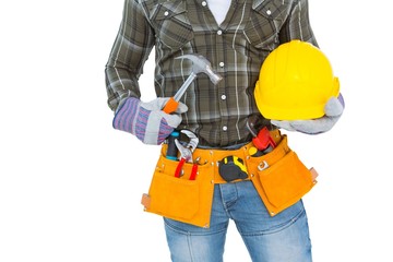 Poster - Manual worker wearing tool belt while holding hammer and helmet