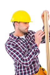 Poster - Handyman using measure tape to mark on wooden plank