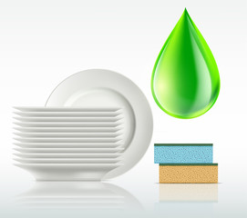 Wall Mural - plates and a drop of detergent isolated on white background