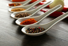 Different Kinds Of Spices In Ceramics Spoons, Close-up,