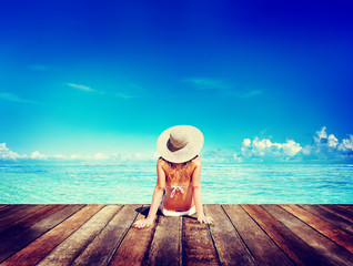 Wall Mural - Woman Sunbathe Sunny Summer Beach Relaxing Concept