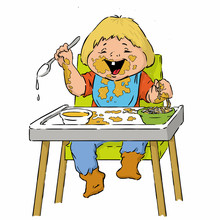 Two-year-old Boy Cartoon Is Having Pasta In A High Chair