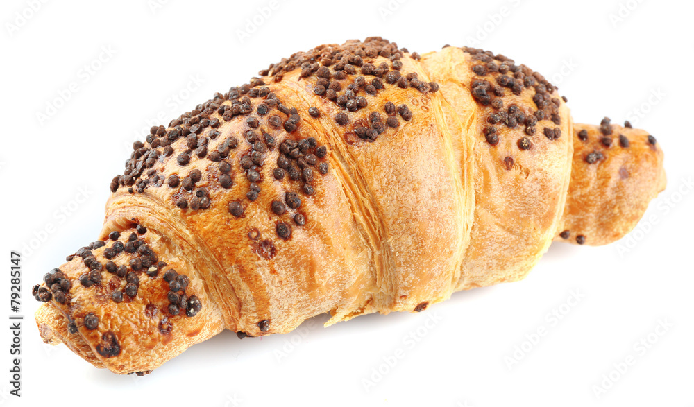 Fresh and tasty croissant with chocolate, isolated on white