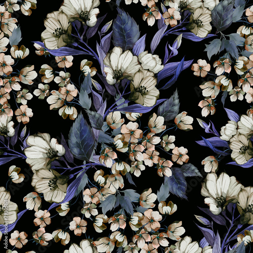 Fototapeta na wymiar Seamless floral pattern with eustoma on dark background