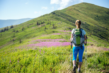 Wall Mural - young woman hiking in the mountains