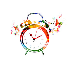 Colorful Alarm Clock Background With Butterflies