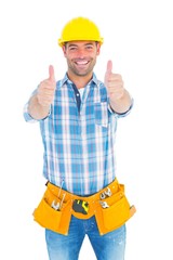 Poster - Happy repairman gesturing thumbs on white background