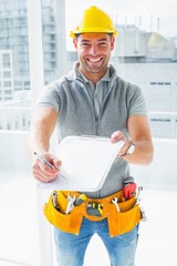 Poster - Happy manual worker giving clipboard for signature