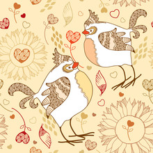 Seamless Pattern With Cartoon Birds On A Beige Background