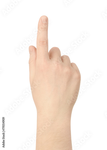 Foto Hand drückt den Knopf auf weißem Hintergrund
