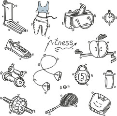 Hand drawn doodle sketch icons set fitness and sport concept