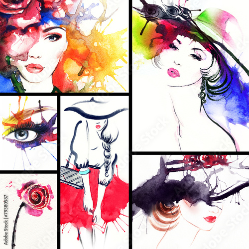 Obraz w ramie Collage Fashion Illustrations.woman portrait