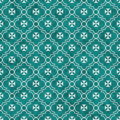 Teal and White Maltese Cross Symbol Tile Pattern Repeat Backgrou