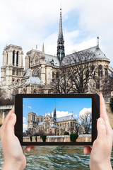 Poster - taking photo of cathedral Notre-Dame de Paris