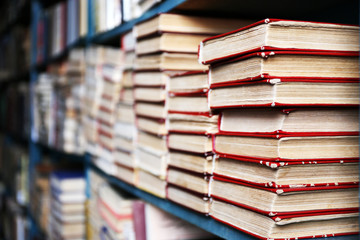 Poster - Many books on bookshelf in library, closeup