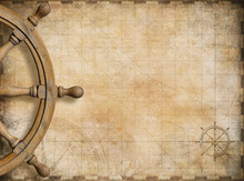 Steering Wheel And Blank Vintage Nautical Map Background