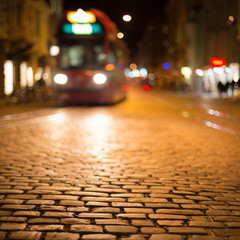 blurred tram in Freiburg at night