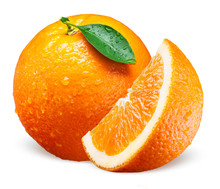 Orange Fruit With Drops. Whole, Slice And Leaf Isolated On White